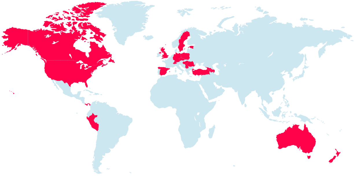 Una mappa del mondo con i paesi attivi contrassegnati in rosso